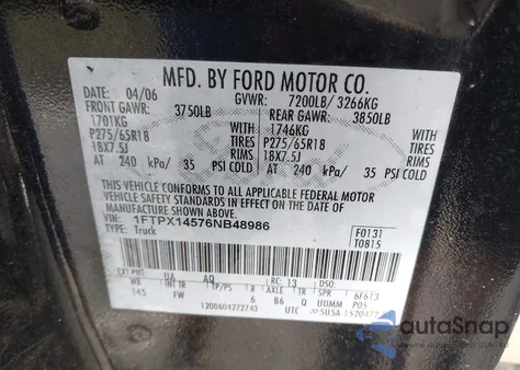 2006 Ford F-150 Fx4/Lariat/Xl/Xlt z USA, uszkodzony, nr VIN 1FTPX14576NB48986